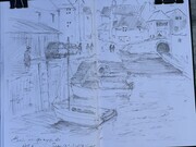 On location Pencil Sketch showing the Fish Market and moored Boats at Polperro