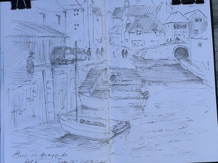On location Pencil Sketch showing the Fish Market and moored Boats at Polperro